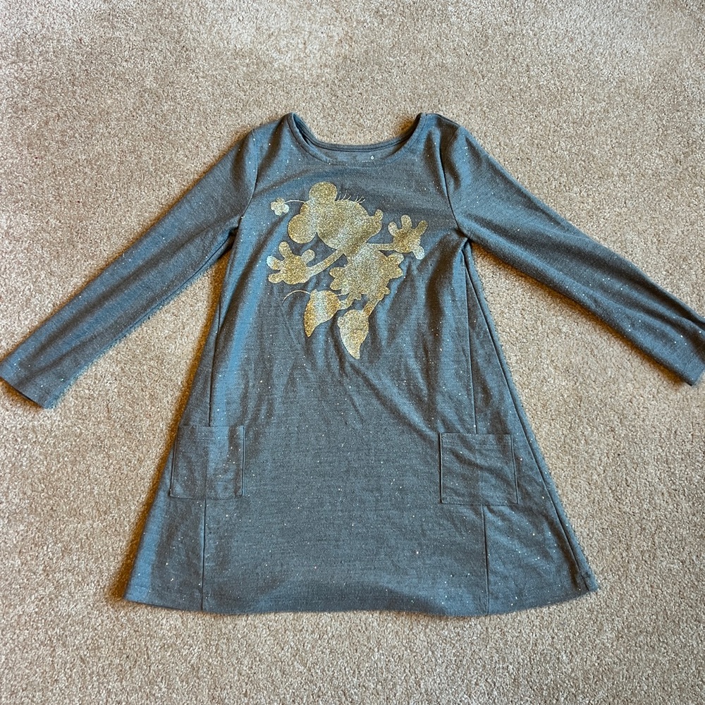 Kids Long Sleeve Gray Dress with Gold Minnie Mouse